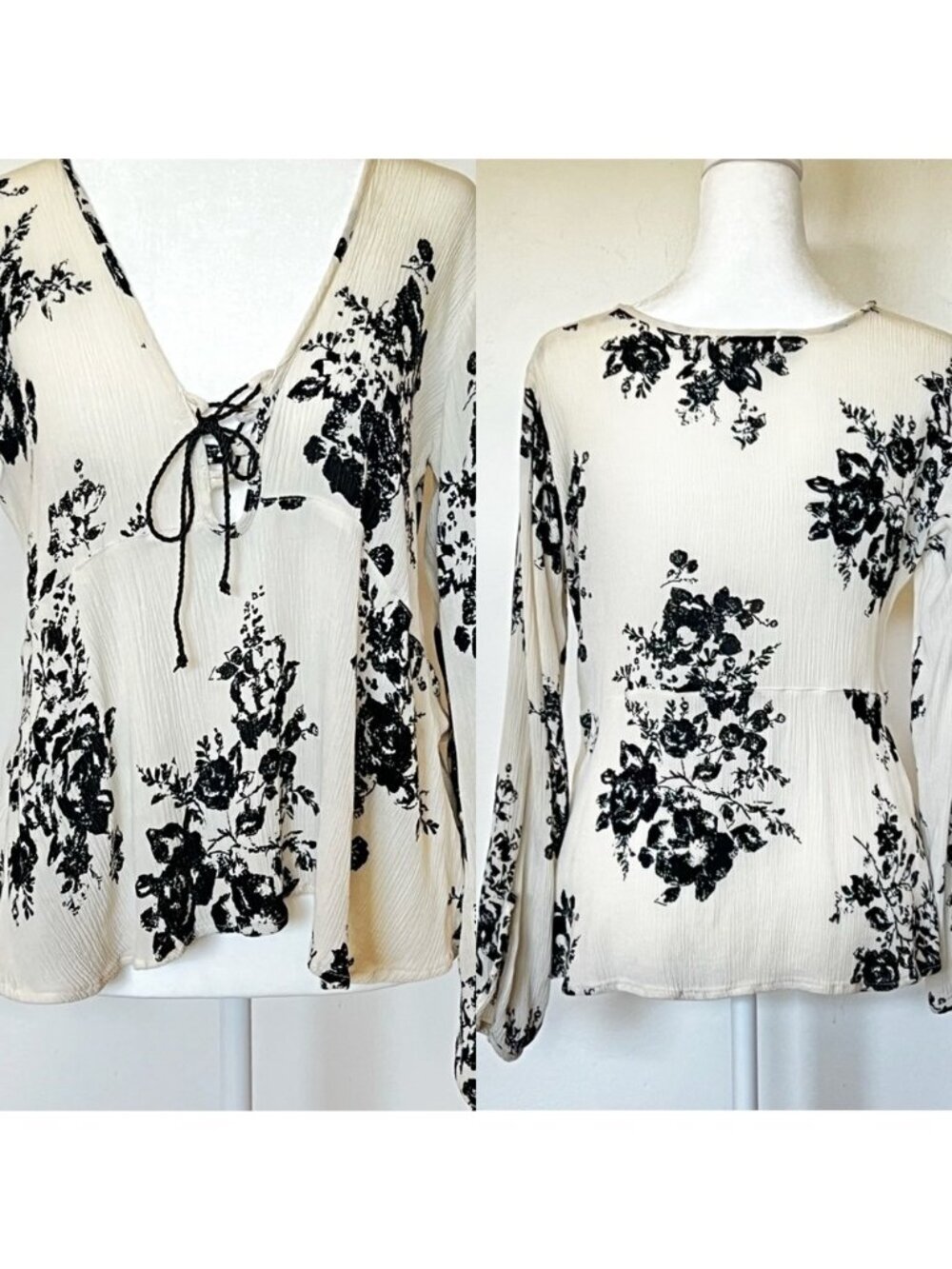 Anthropologie Lovestitch Black Cream Floral Top Sz M Boho Coquette Flowy Cotton - Picture 2 of 14